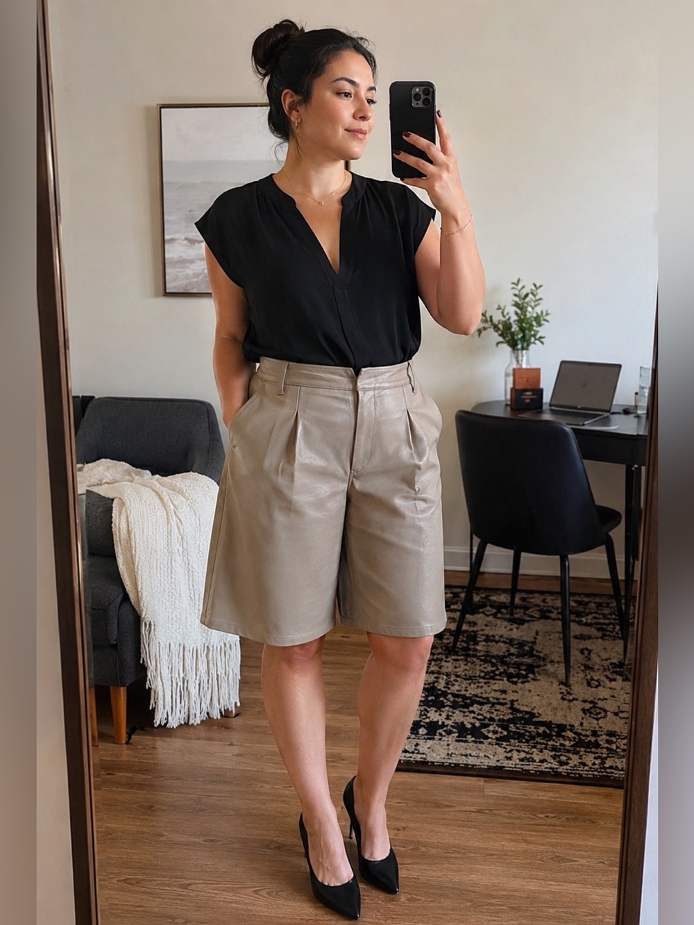 We The Free Faux Leather Pleated High-Rise Shorts With Pockets